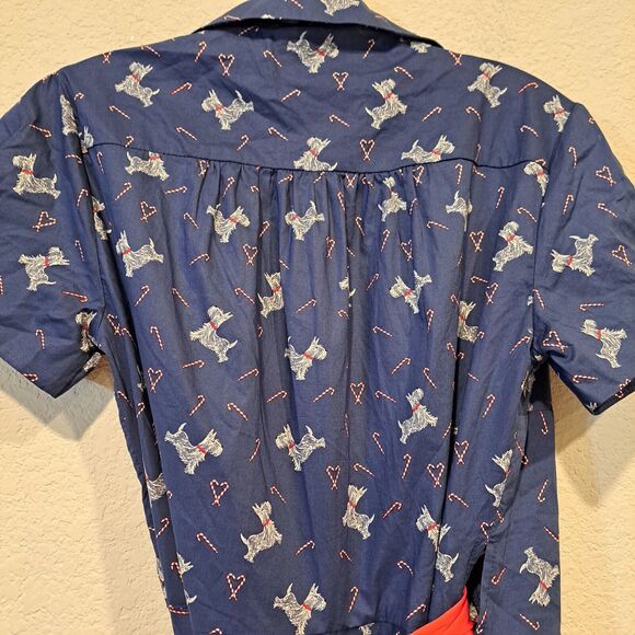 Unique Vintage Navy Blue Wrap Dress Scottie Dog and Candy Canes Red Belt M (6-8) - Picture 7 of 9